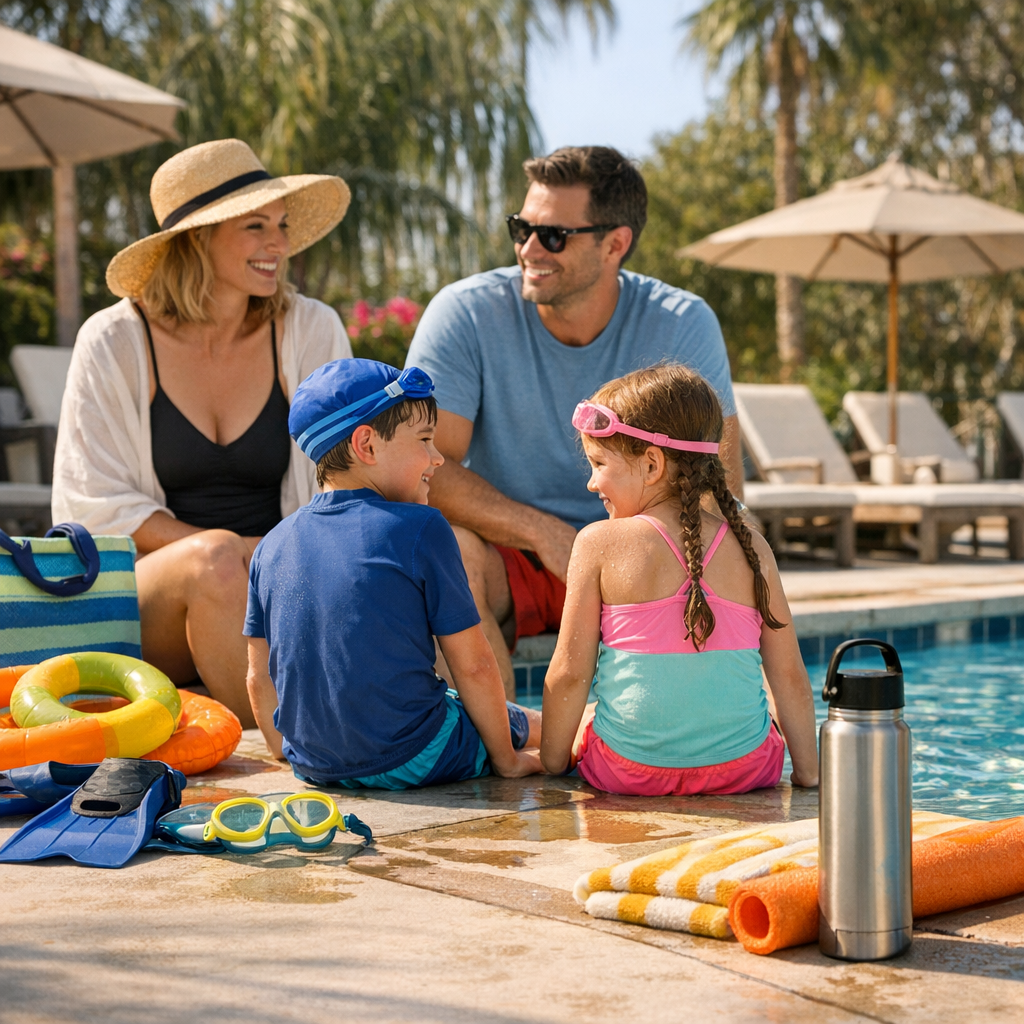 Family near a bright pool deck with swim gear and a reusable water bottle