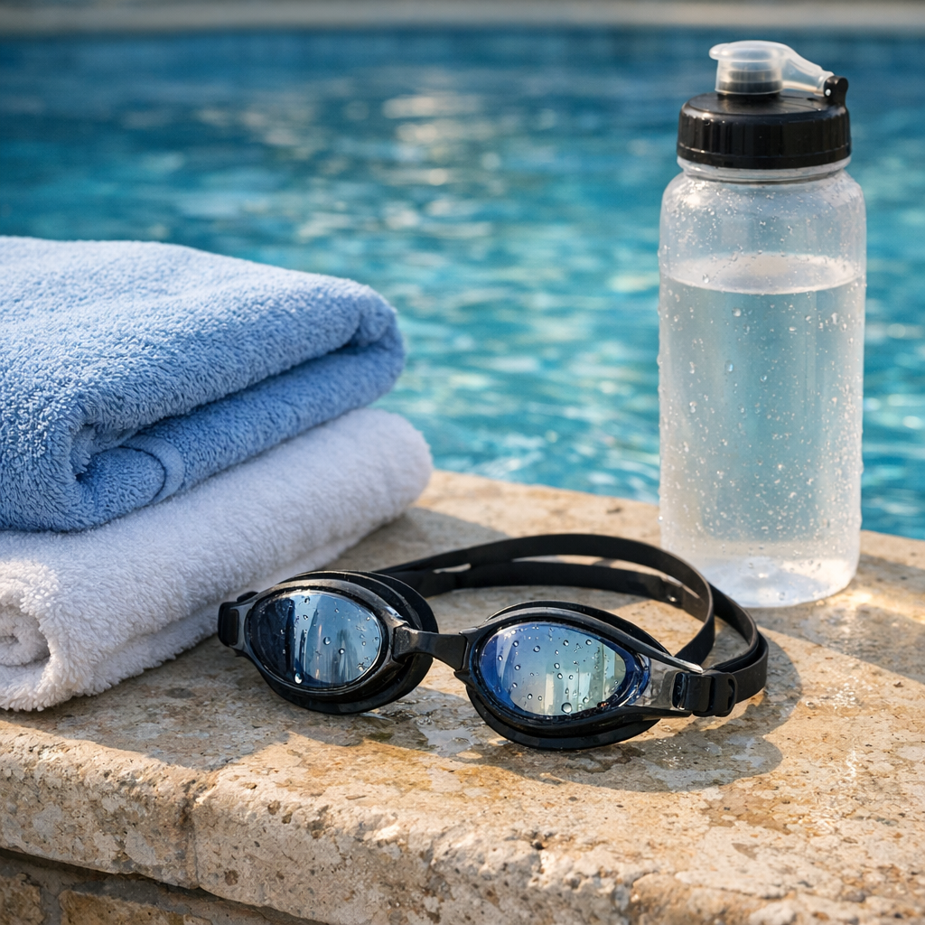 Swim goggles, towels, and a water bottle by a pool edge