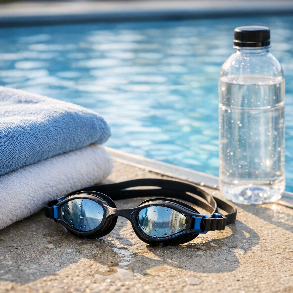 Swim goggles, towels, and a water bottle by a pool edge