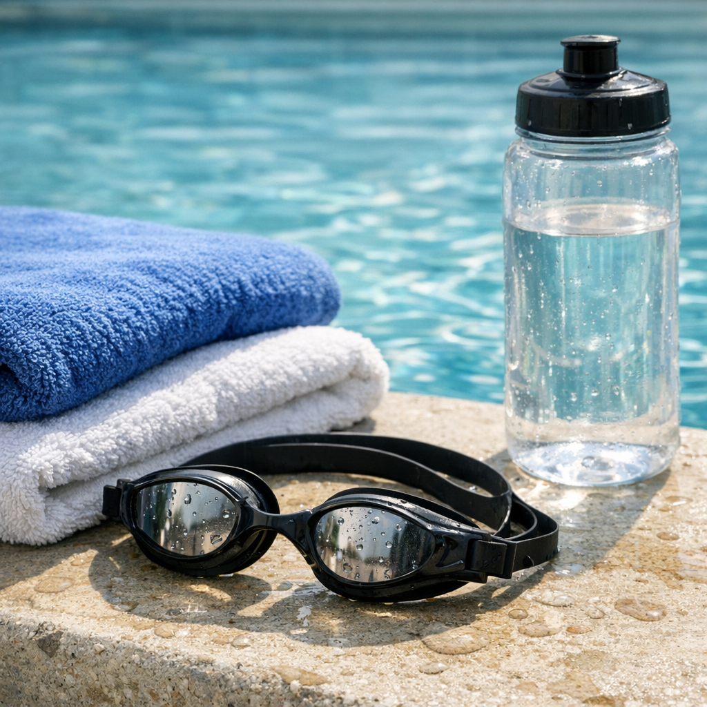 Swim goggles, towels, and a water bottle by a pool edge