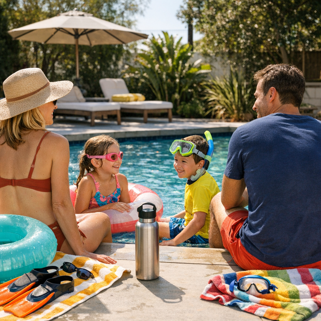 Family near a bright pool deck with swim gear and a reusable water bottle