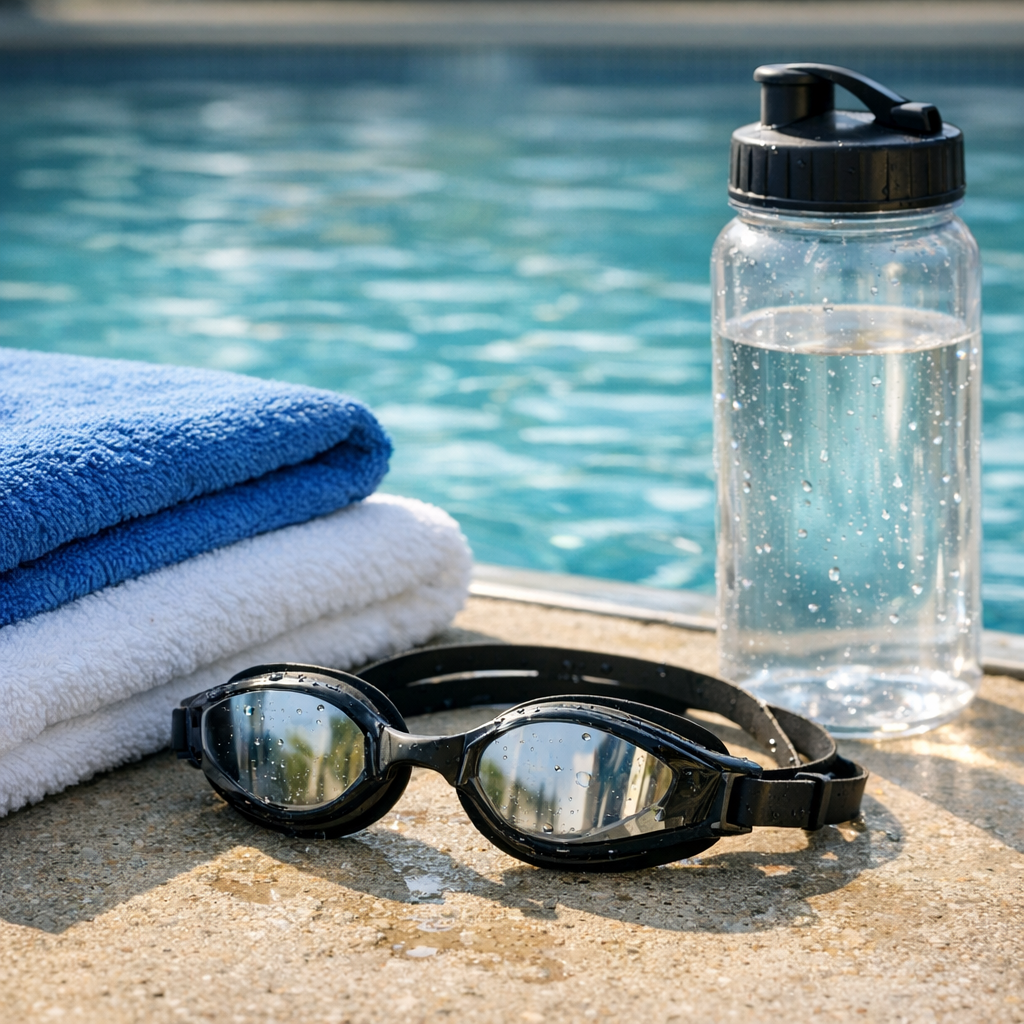 Swim goggles, towels, and a water bottle by a pool edge