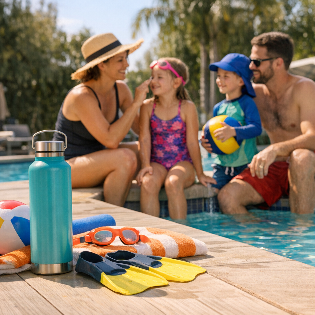 Family near a bright pool deck with swim gear and a reusable water bottle