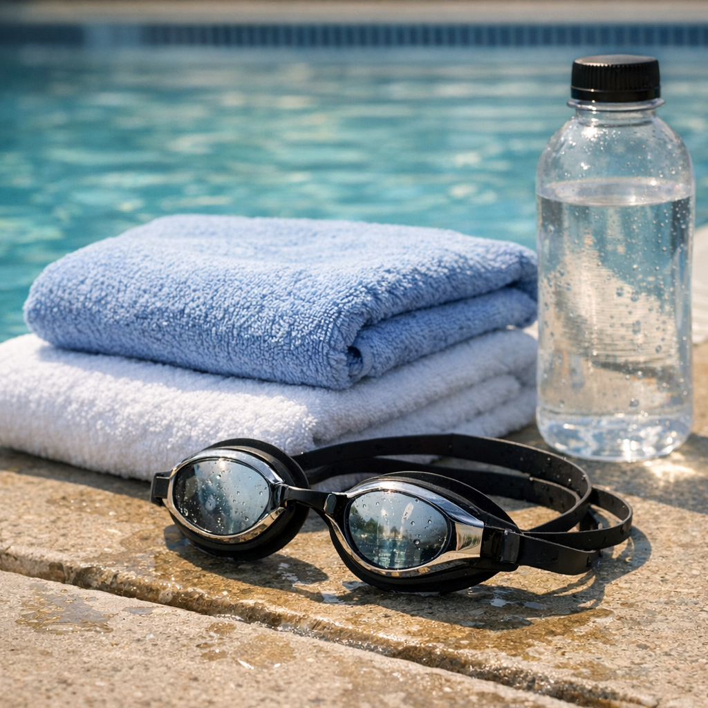 Swim goggles, towels, and a water bottle by a pool edge