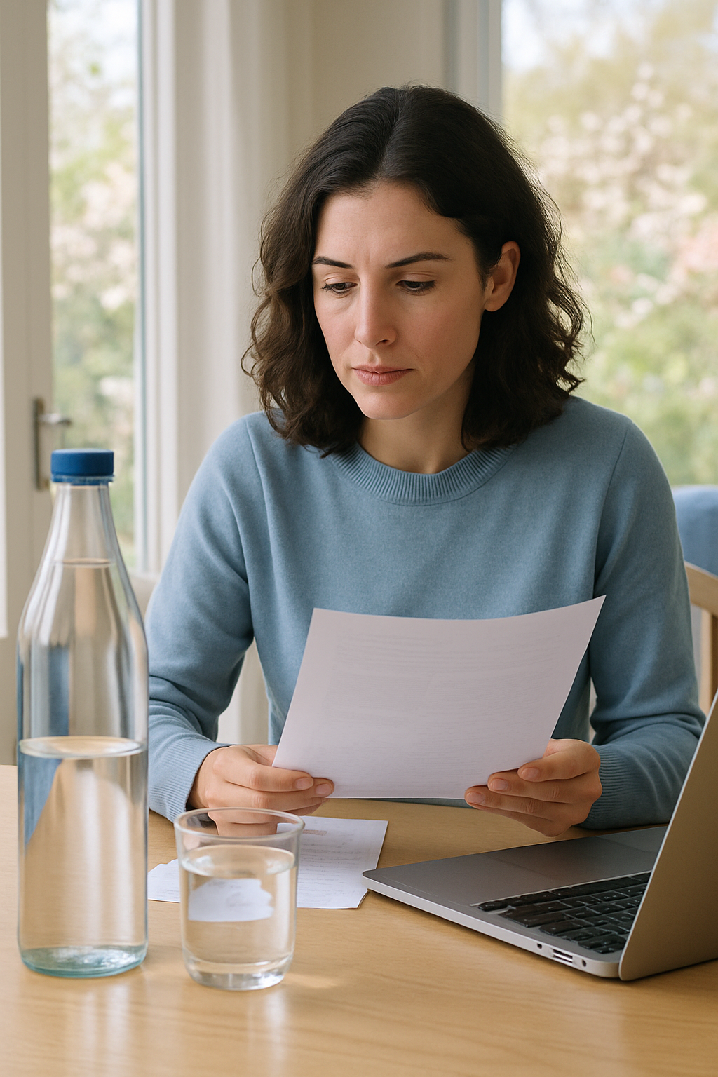 Person working through paperwork at a table with a water bottle nearby