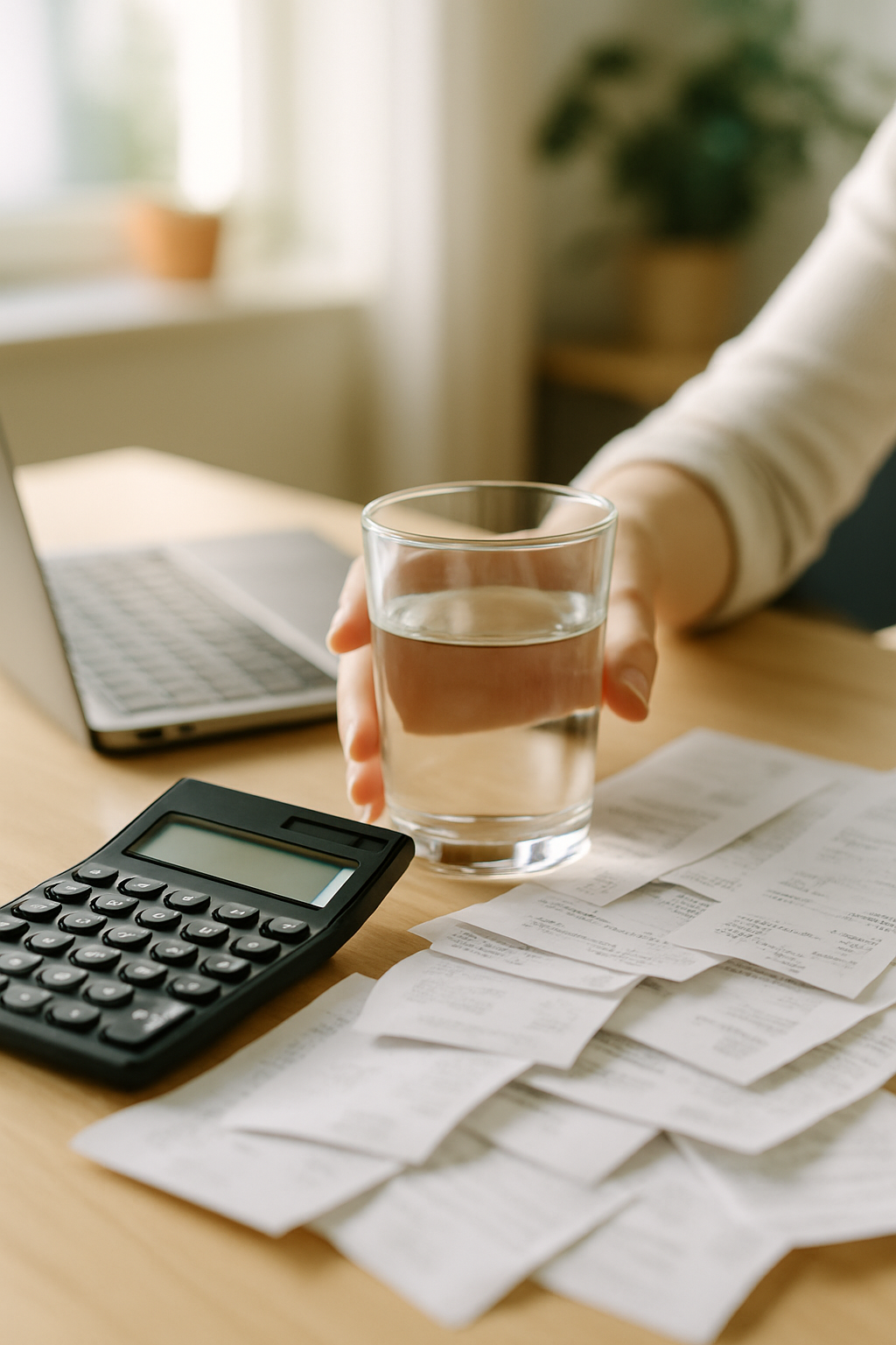 Calculator, paperwork, and a glass of water during a busy paperwork session