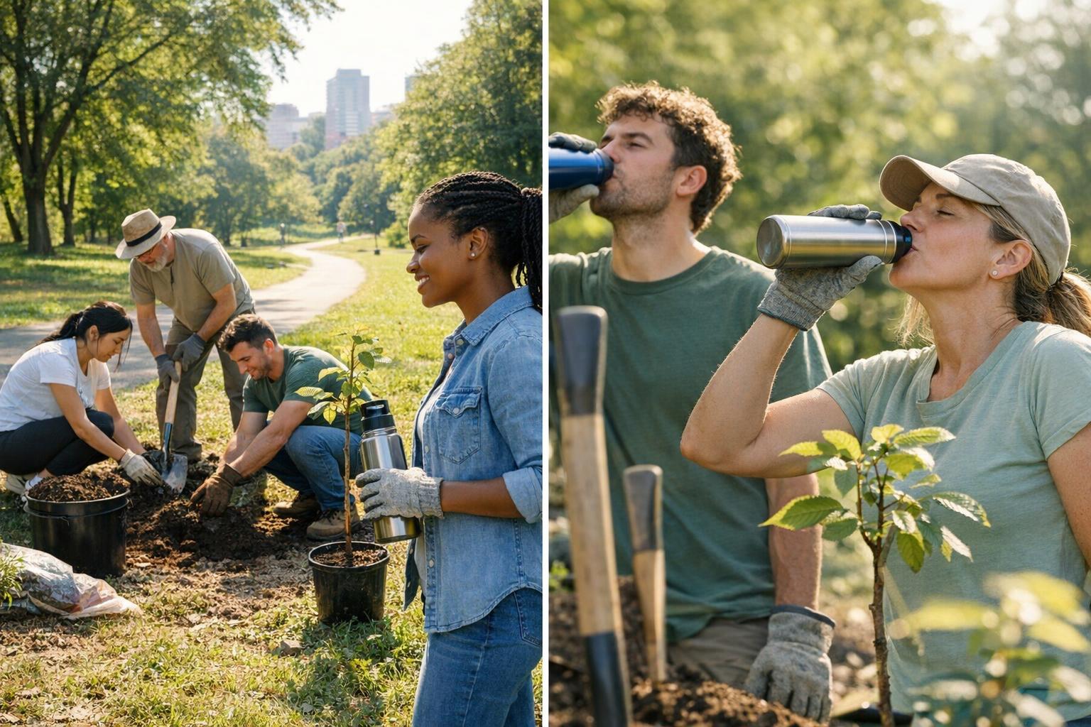 Volunteers planting young trees in a sunny park while one person holds a reusable water bottle