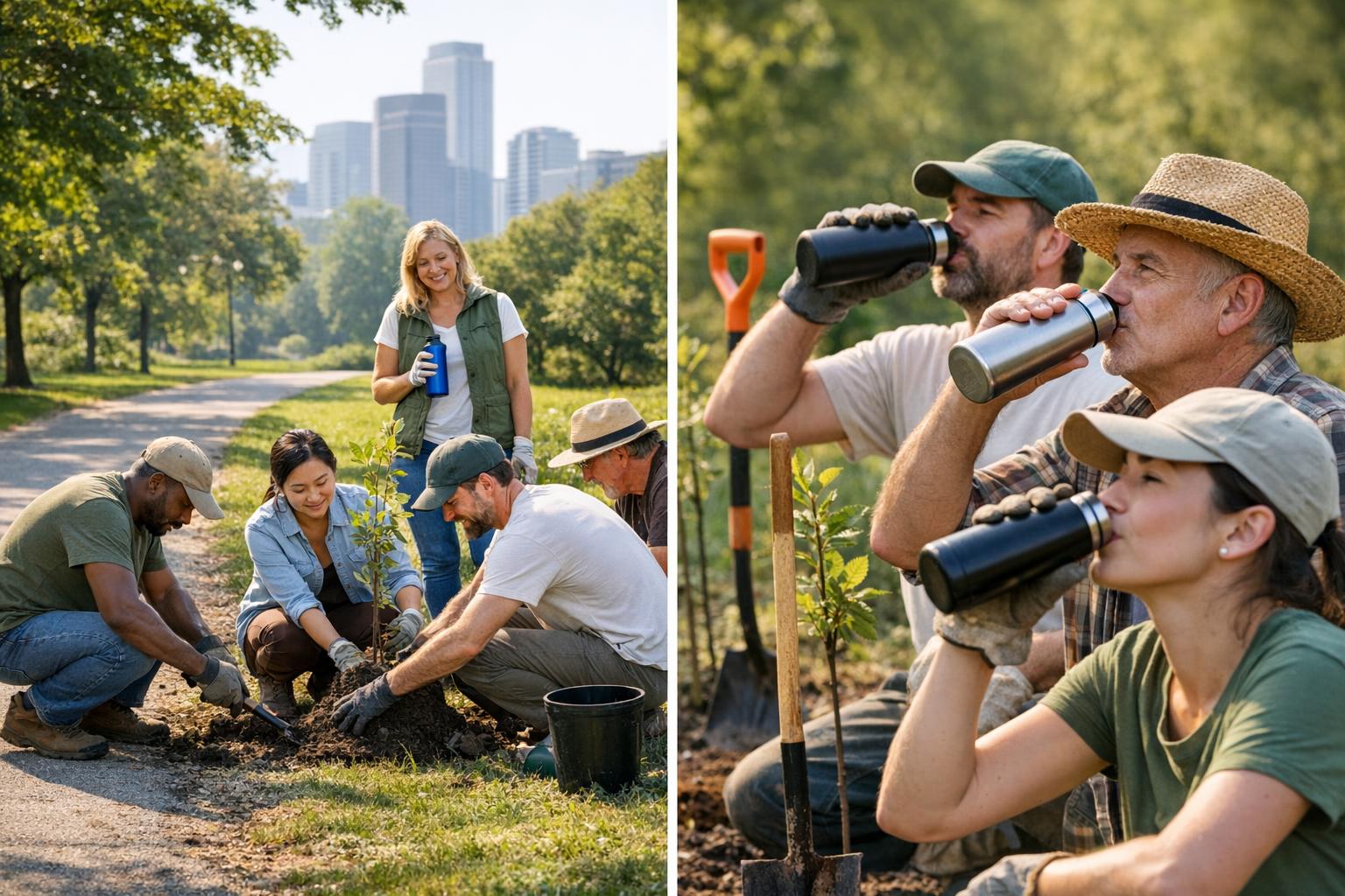 Volunteers pausing beside saplings and shovels to drink water from reusable bottles in a park