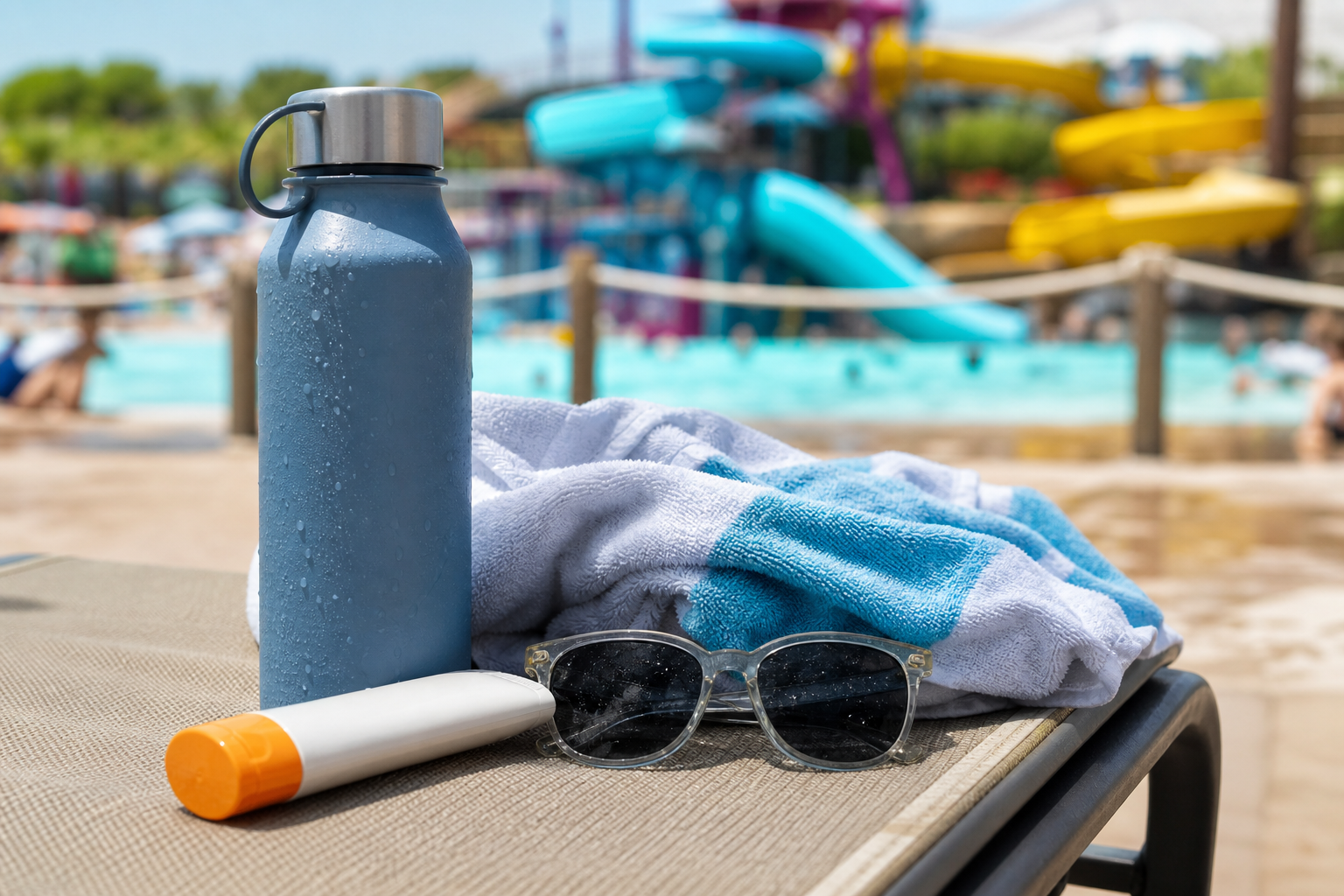 Reusable water bottle, towel, sunglasses, and sunscreen resting on a chair beside a waterpark pool deck