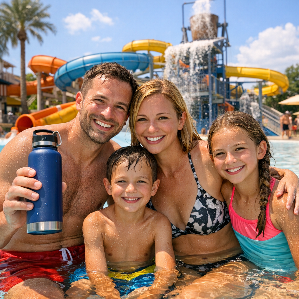 Family at a bright waterpark with a visible reusable water bottle