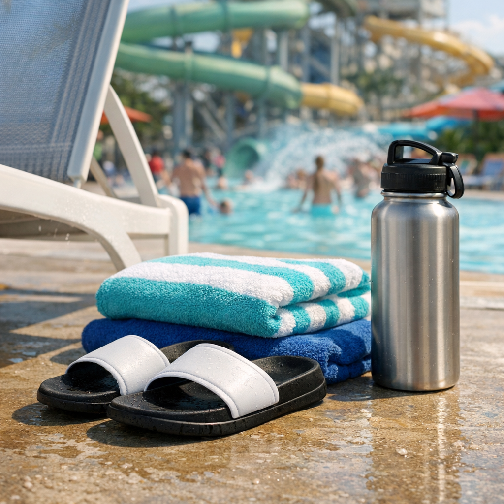 Sandals, towels, and a reusable water bottle beside a pool chair at a waterpark