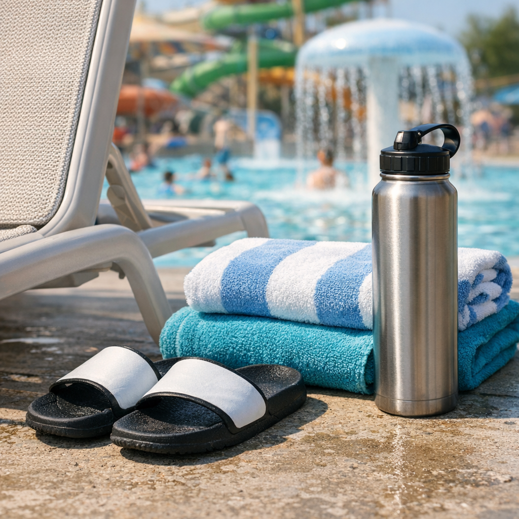 Sandals, towels, and a reusable water bottle beside a pool chair at a waterpark