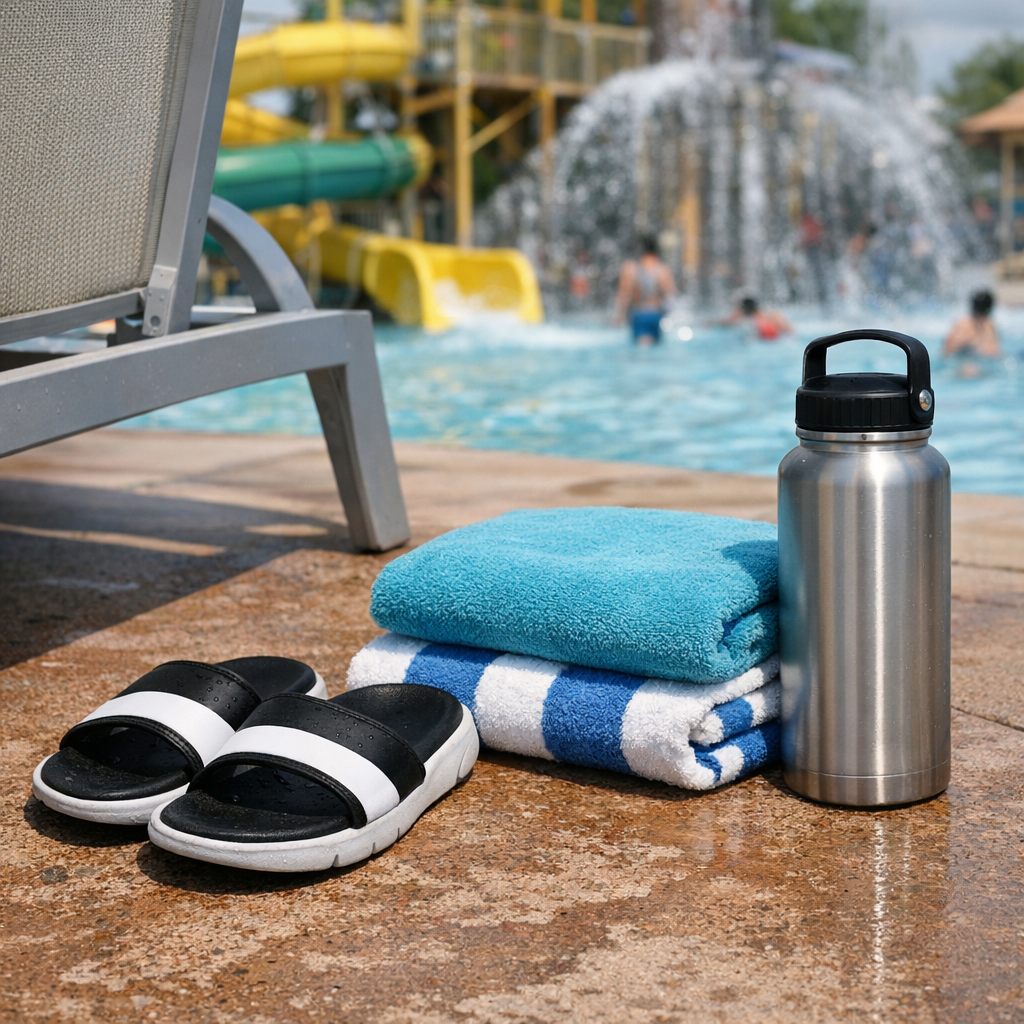 Sandals, towels, and a reusable water bottle beside a pool chair at a waterpark