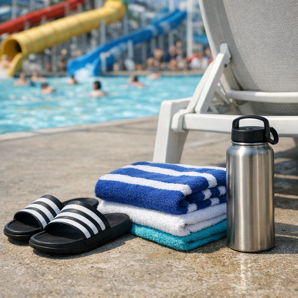 Sandals, towels, and a reusable water bottle beside a pool chair at a waterpark