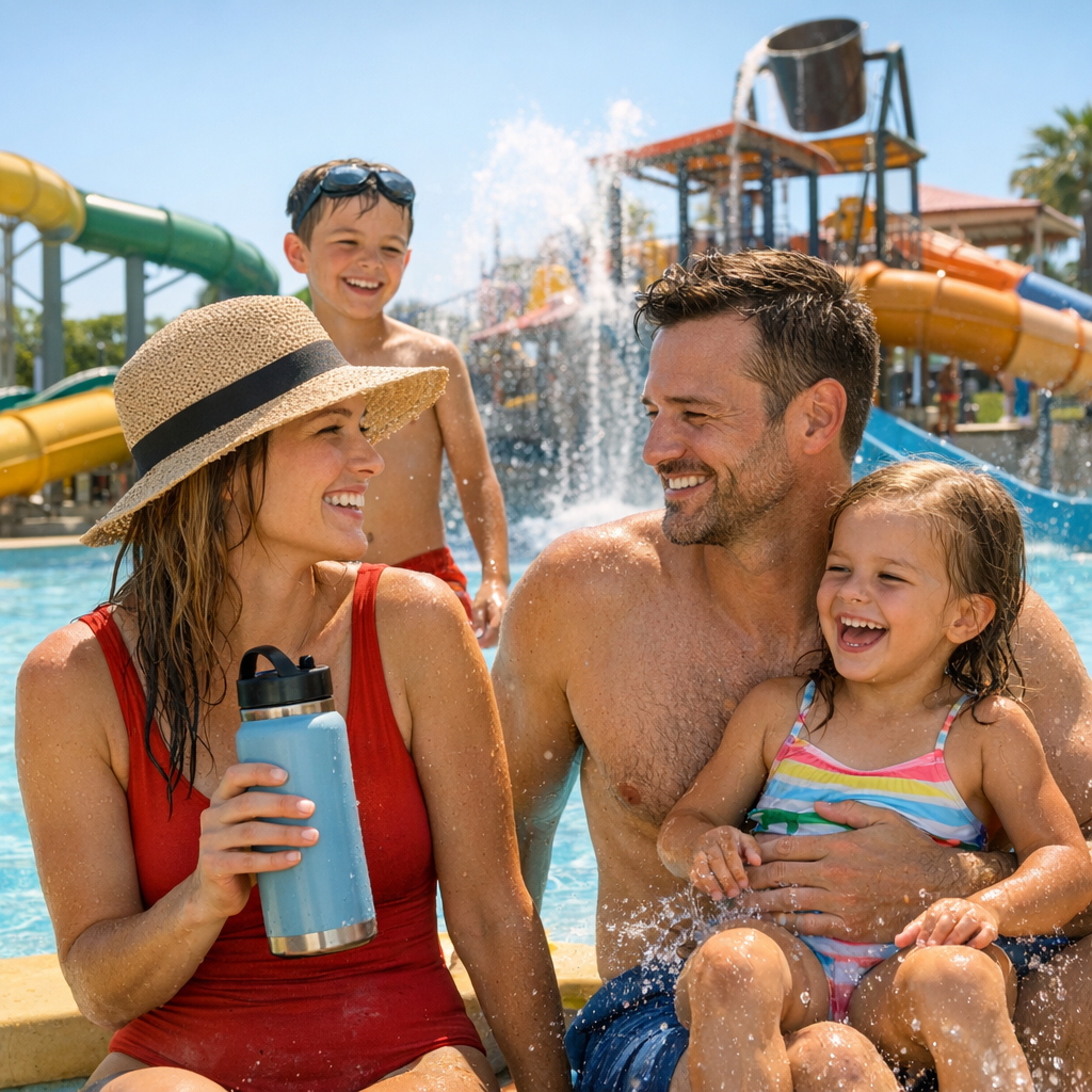 Family at a bright waterpark with a visible reusable water bottle