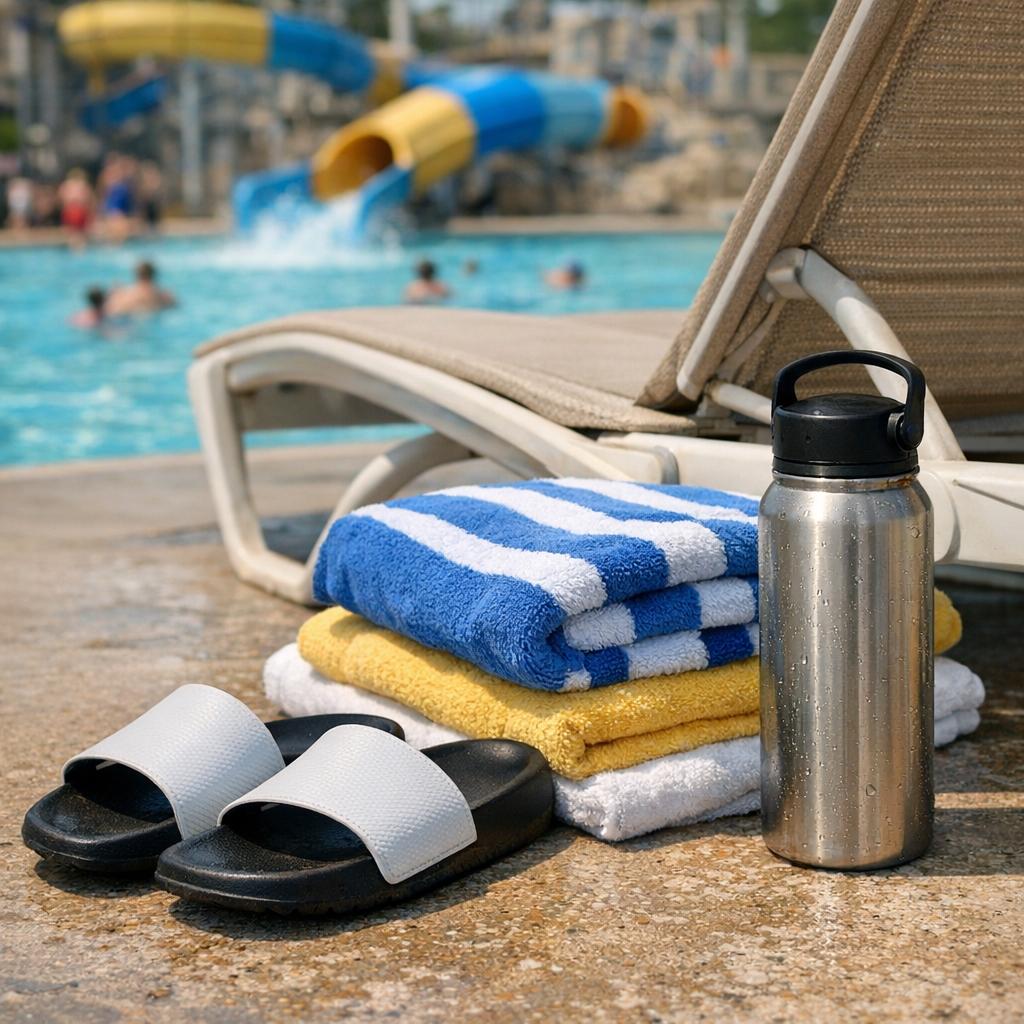Sandals, towels, and a reusable water bottle beside a pool chair at a waterpark