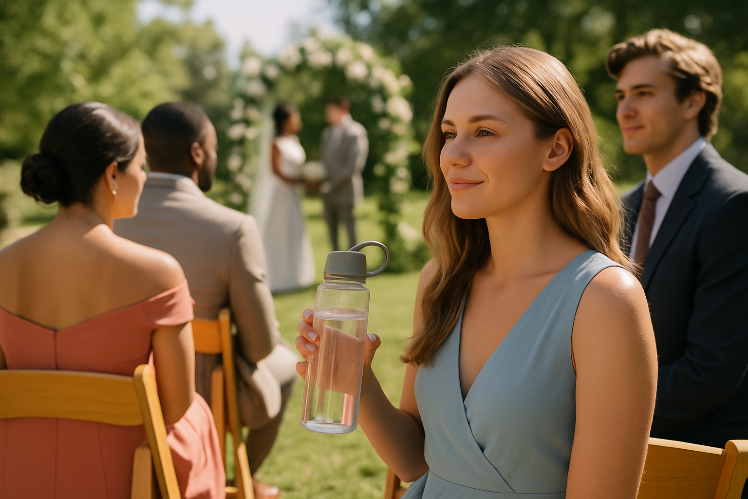Wedding guests seated outdoors during a spring ceremony with a reusable water bottle in hand