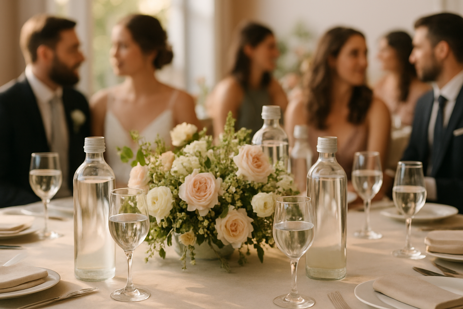 Wedding reception table with water bottles, glasses, flowers, and guests in the background