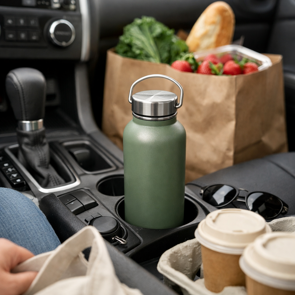 Weekend errand run with a reusable water bottle in a car cup holder