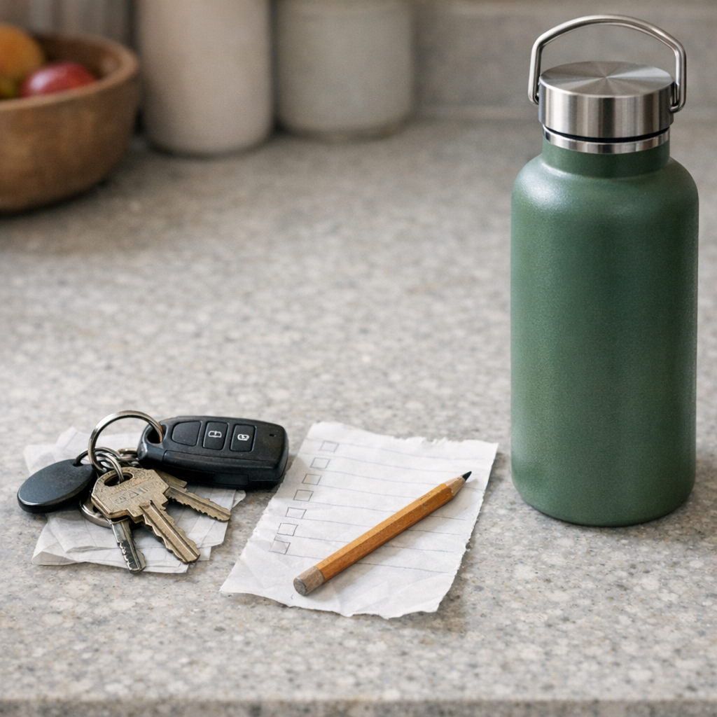 Keys, a grocery list, and a reusable water bottle on a kitchen counter before errands