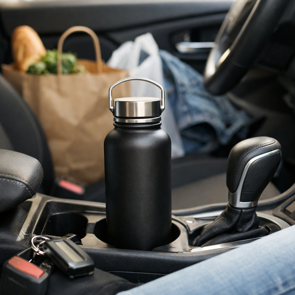 Weekend errand run with a reusable water bottle in a car cup holder