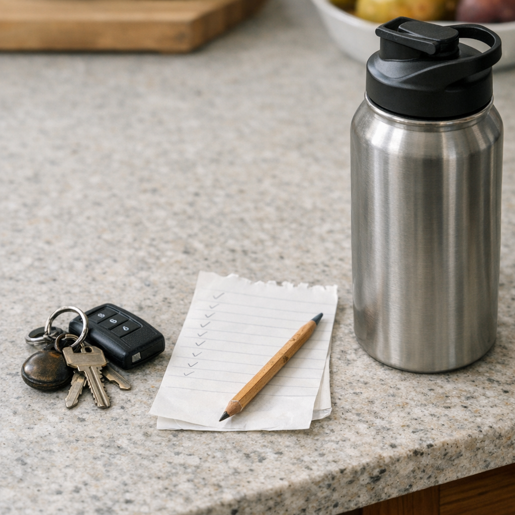 Keys, a grocery list, and a reusable water bottle on a kitchen counter before errands