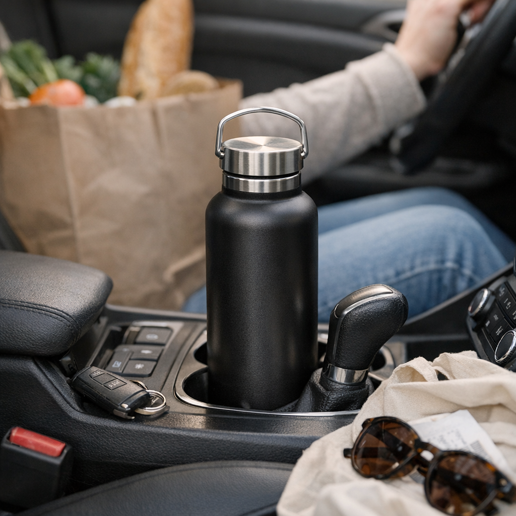 Weekend errand run with a reusable water bottle in a car cup holder