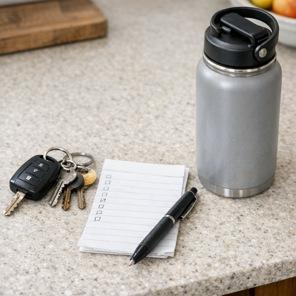 Keys, a grocery list, and a reusable water bottle on a kitchen counter before errands