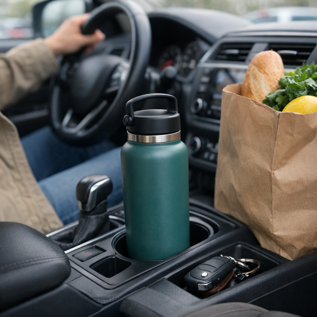 Weekend errand run with a reusable water bottle in a car cup holder