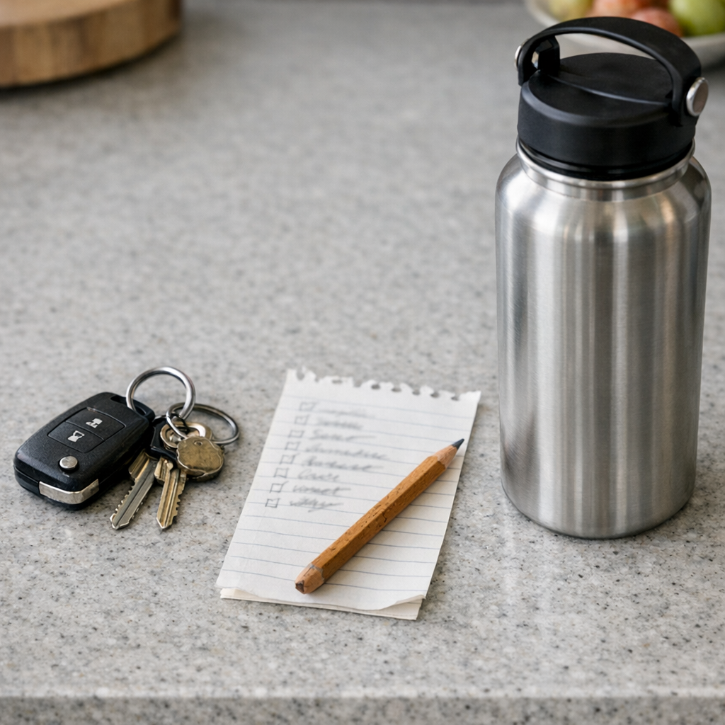 Keys, a grocery list, and a reusable water bottle on a kitchen counter before errands