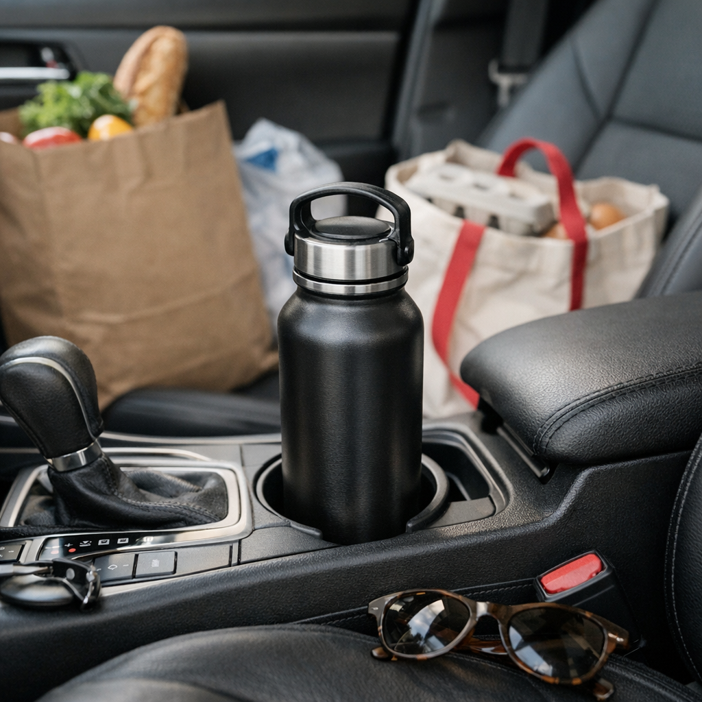 Weekend errand run with a reusable water bottle in a car cup holder