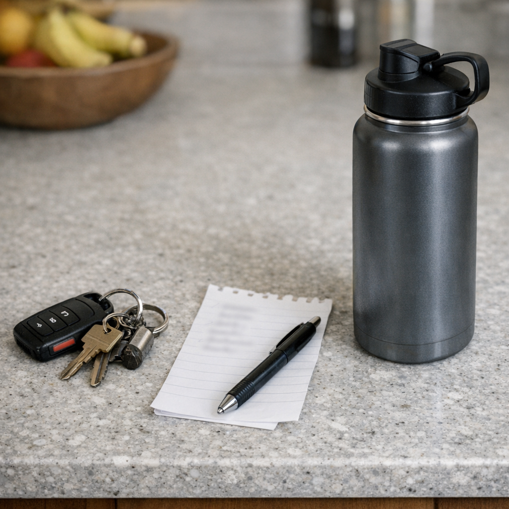 Keys, a grocery list, and a reusable water bottle on a kitchen counter before errands