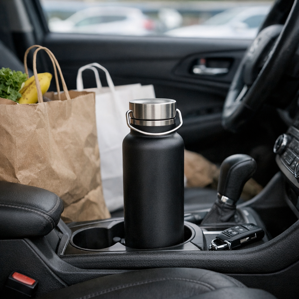 Weekend errand run with a reusable water bottle in a car cup holder