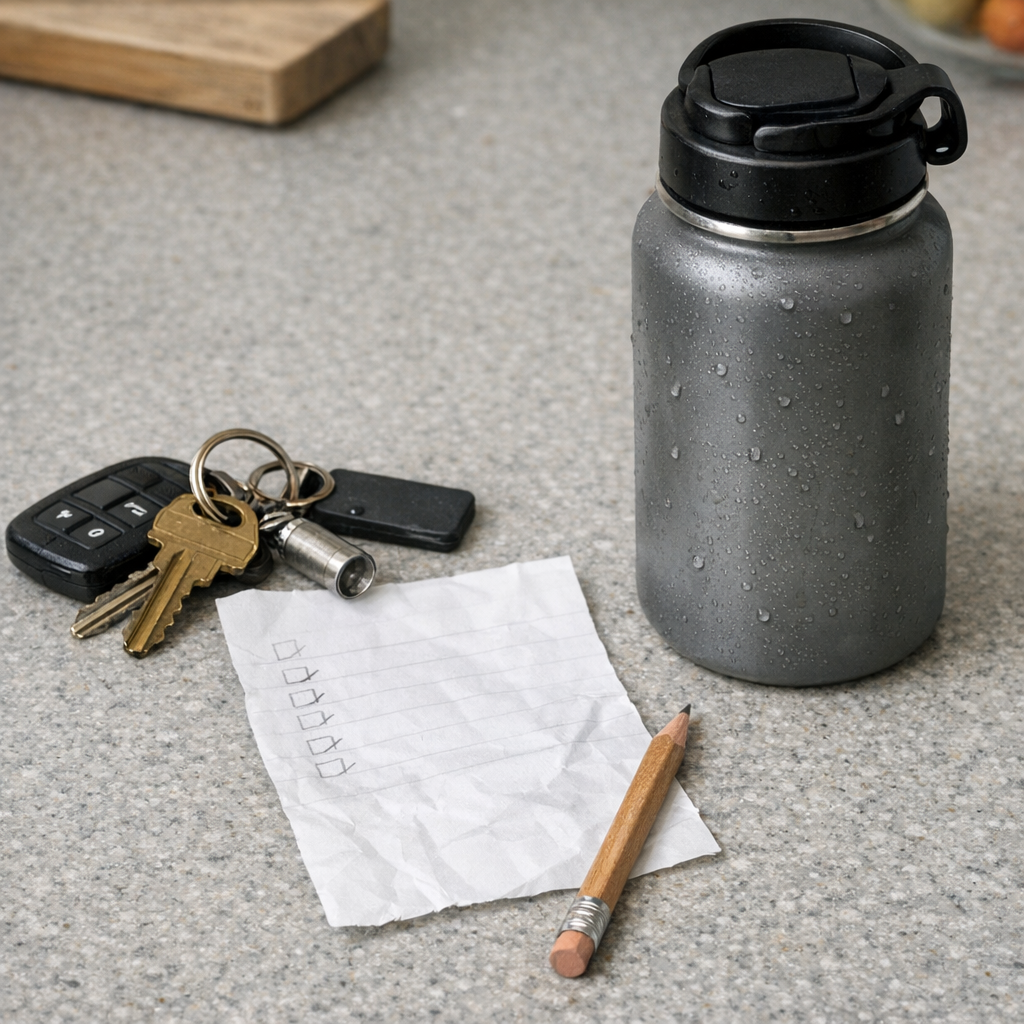 Keys, a grocery list, and a reusable water bottle on a kitchen counter before errands