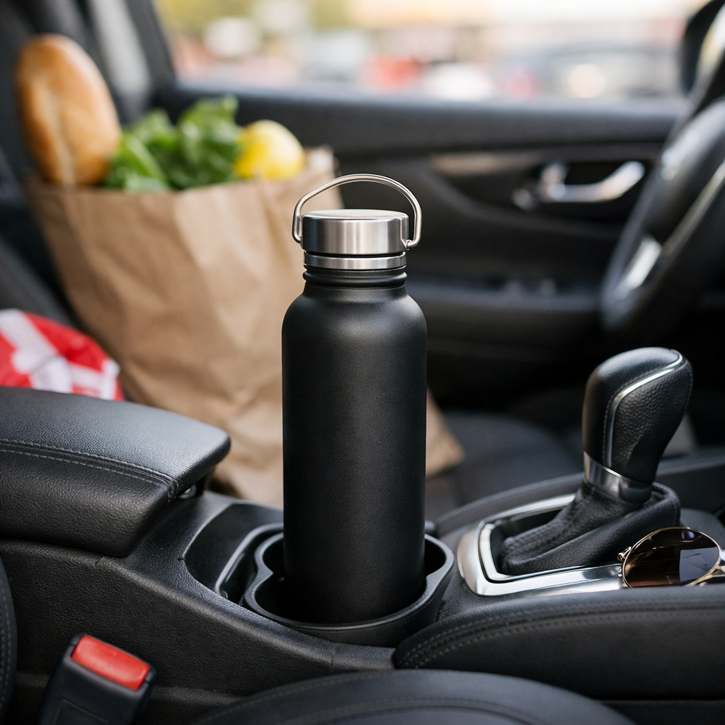 Weekend errand run with a reusable water bottle in a car cup holder