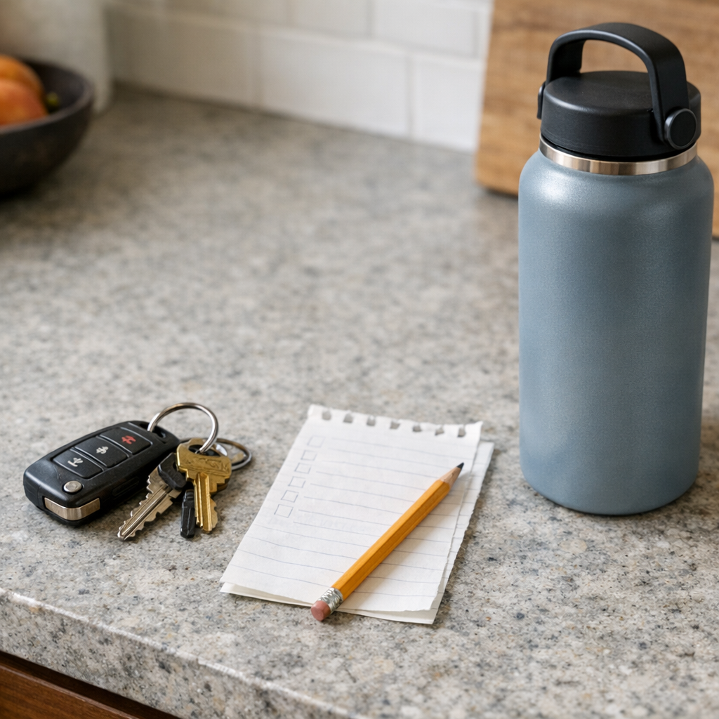 Keys, a grocery list, and a reusable water bottle on a kitchen counter before errands
