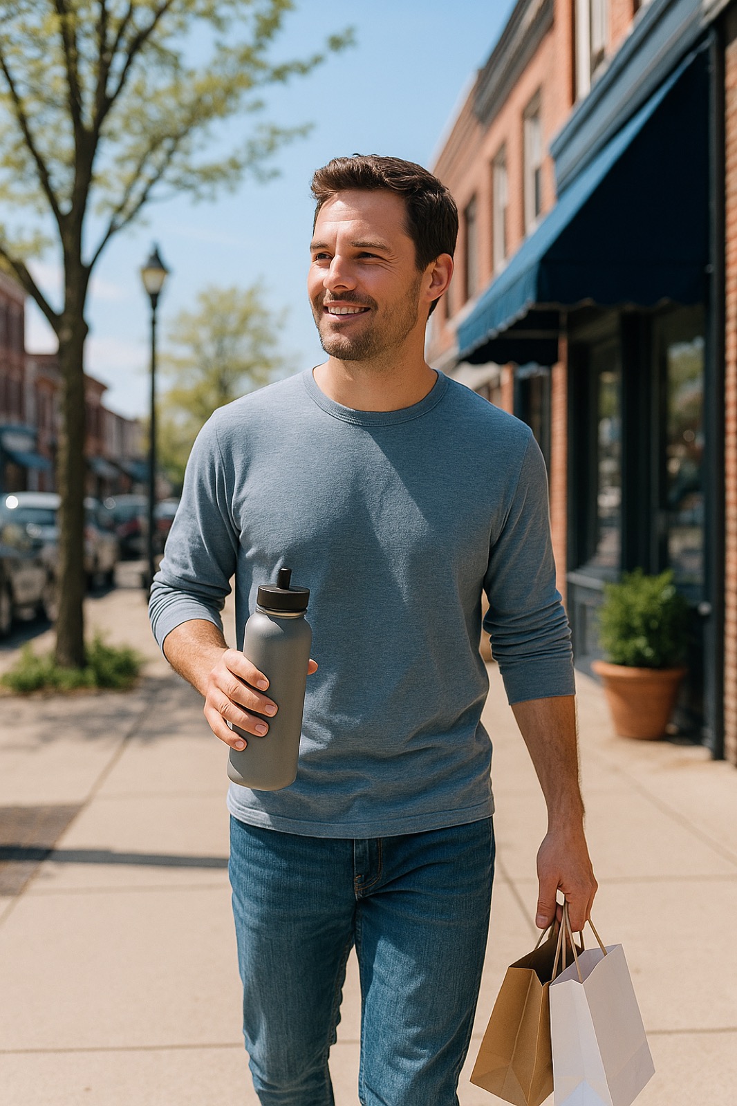 Person carrying a reusable water bottle while running weekend errands in a spring shopping district