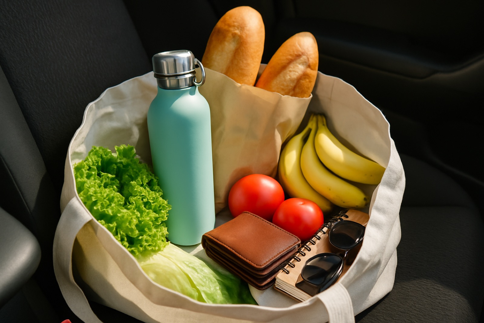 Reusable water bottle sitting in a tote bag with groceries after a spring errands trip