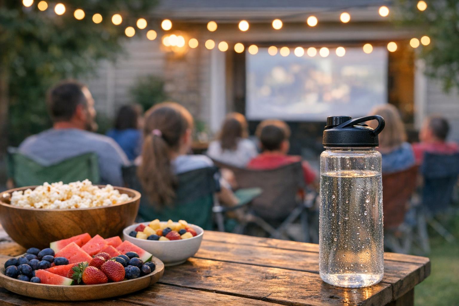 Friends and family watching a backyard movie at dusk with a reusable water bottle on the patio table