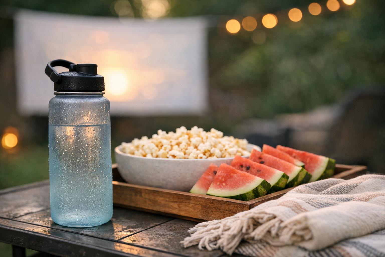 Reusable water bottle beside popcorn, watermelon, and a blanket on a backyard table with projector glow in the background