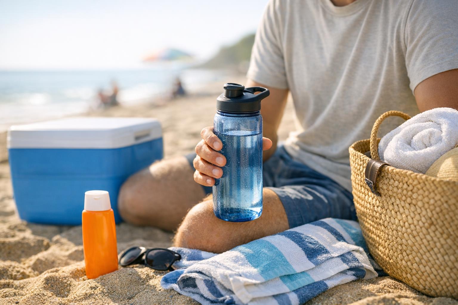 Adult holding a reusable water bottle beside a bright beach setup with towel, sunscreen, and cooler