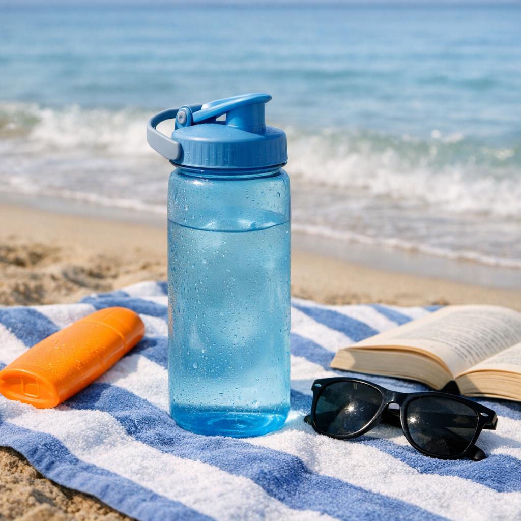 Reusable water bottle on a beach towel with sunglasses and sunscreen near the shoreline