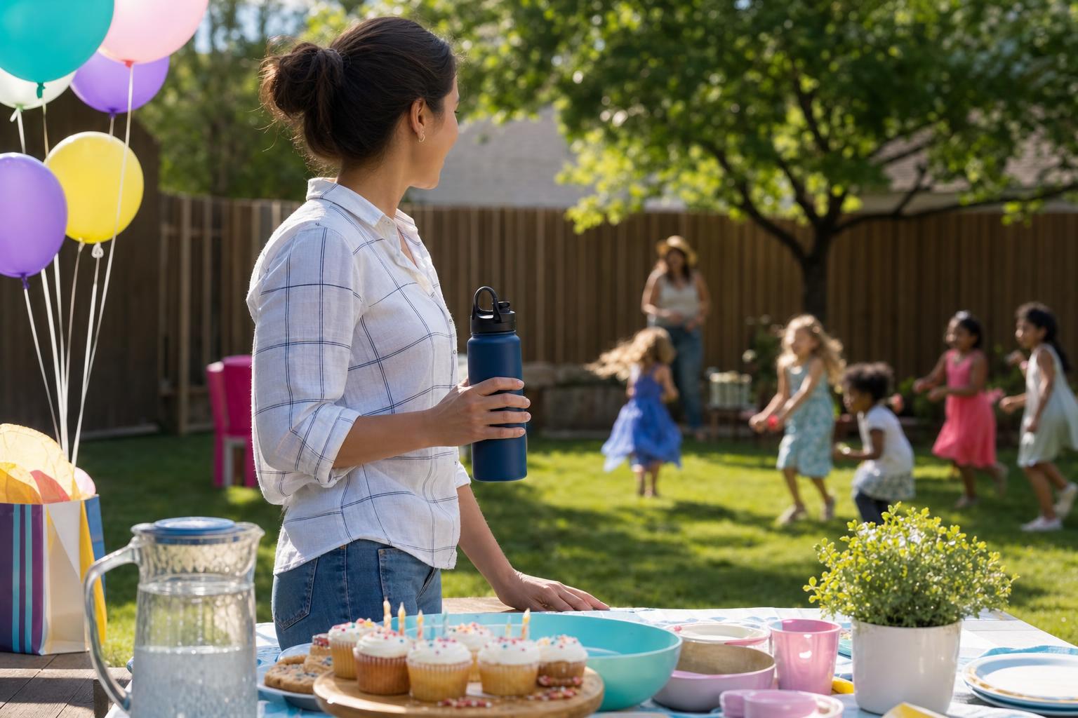 Parent holding a reusable water bottle at a bright backyard kids' birthday party with balloons and children playing behind them