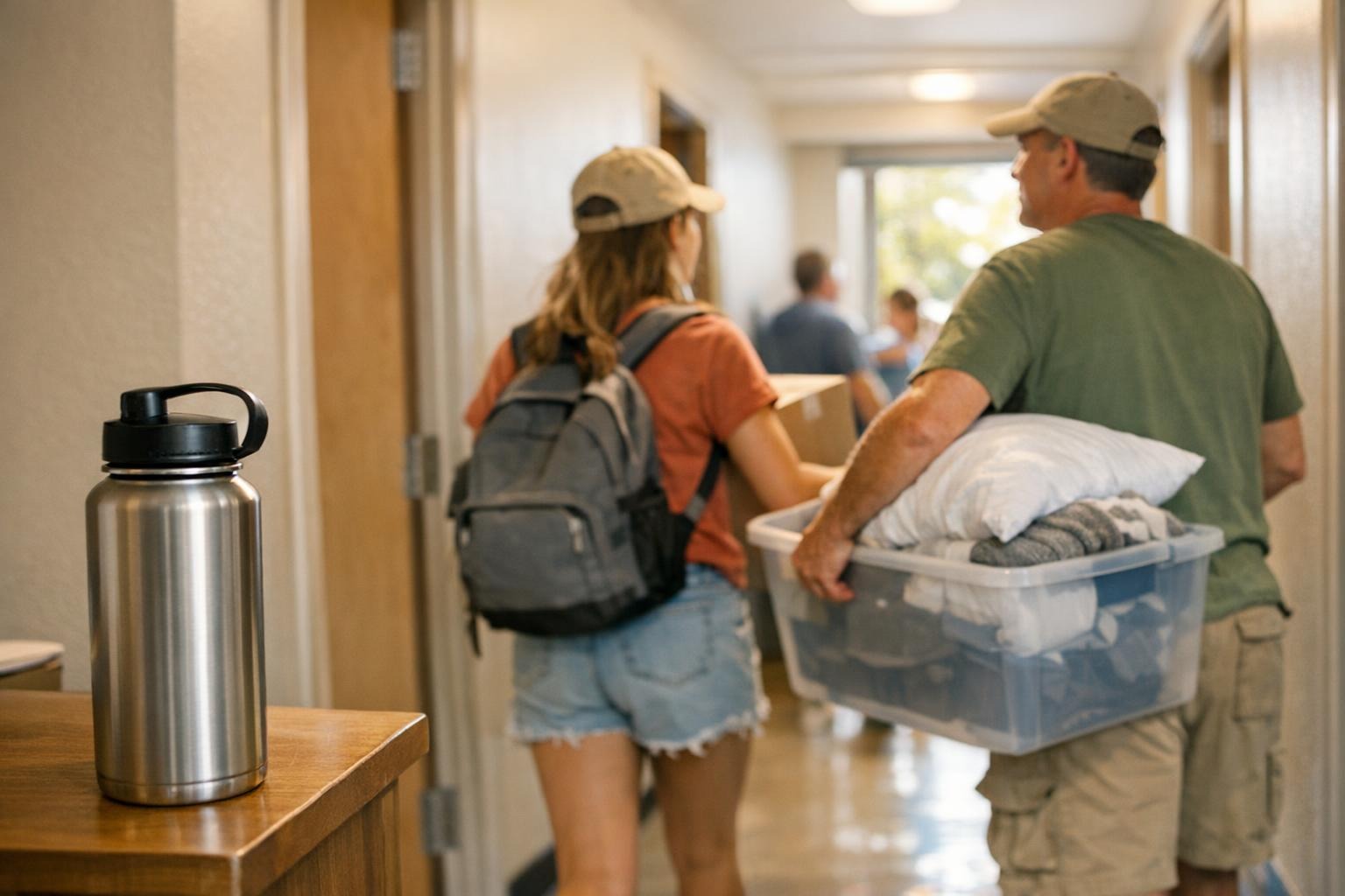College student and parent carrying moving boxes into a dorm hallway on move-in day with a reusable water bottle nearby
