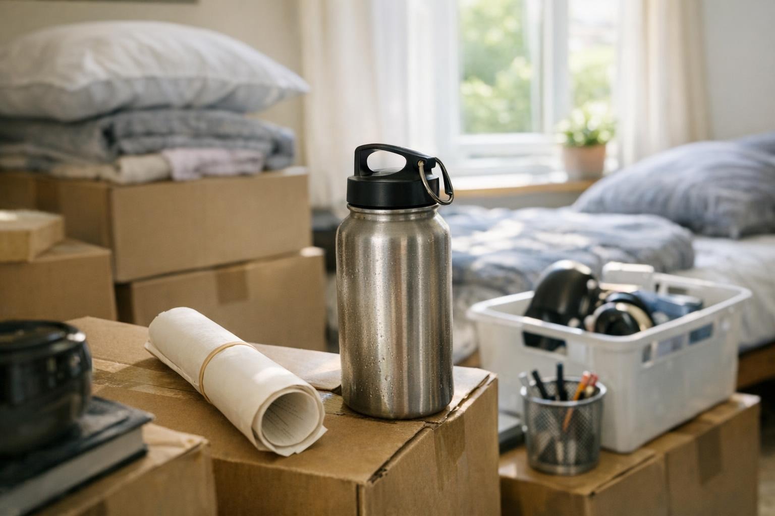 Reusable water bottle beside moving boxes and dorm essentials in a sunlit room during college move-in day