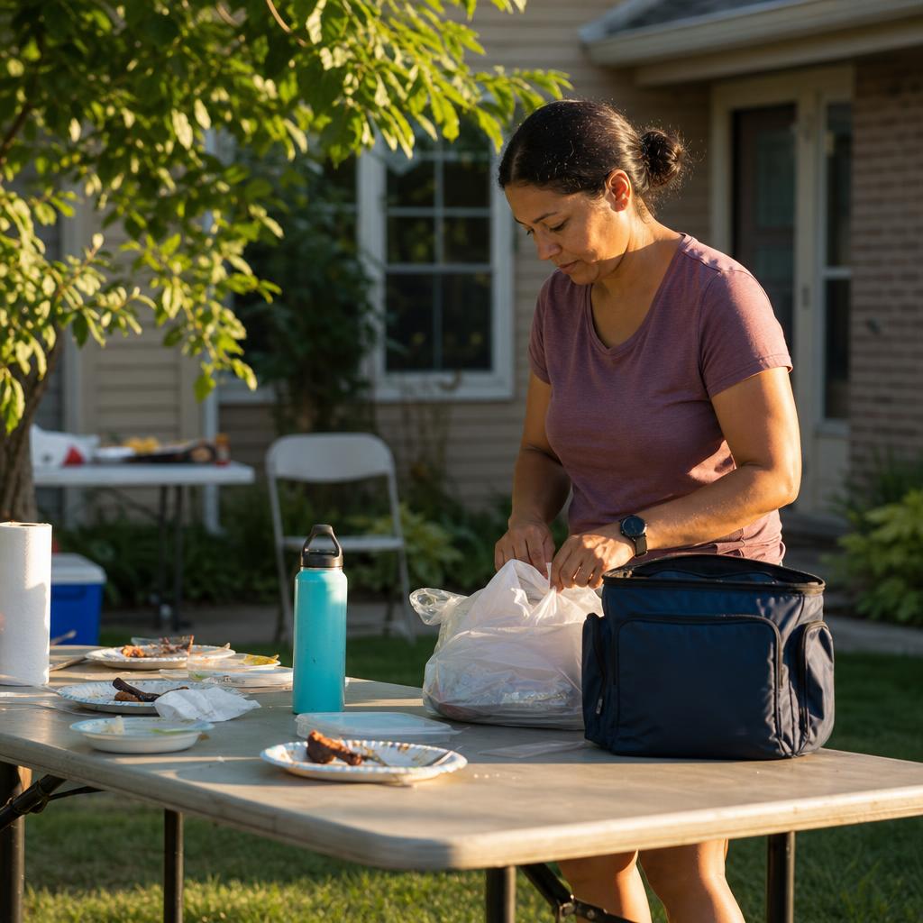 Neighbors packing up folding tables and coolers after a summer cookout, with a reusable water bottle on the patio table