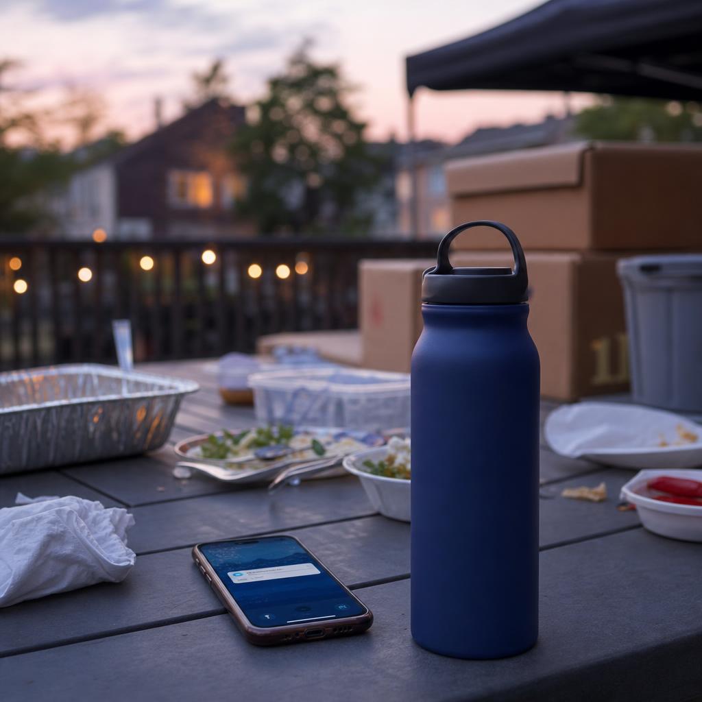 Reusable water bottle beside leftover cookout items and packing supplies on an outdoor table at dusk