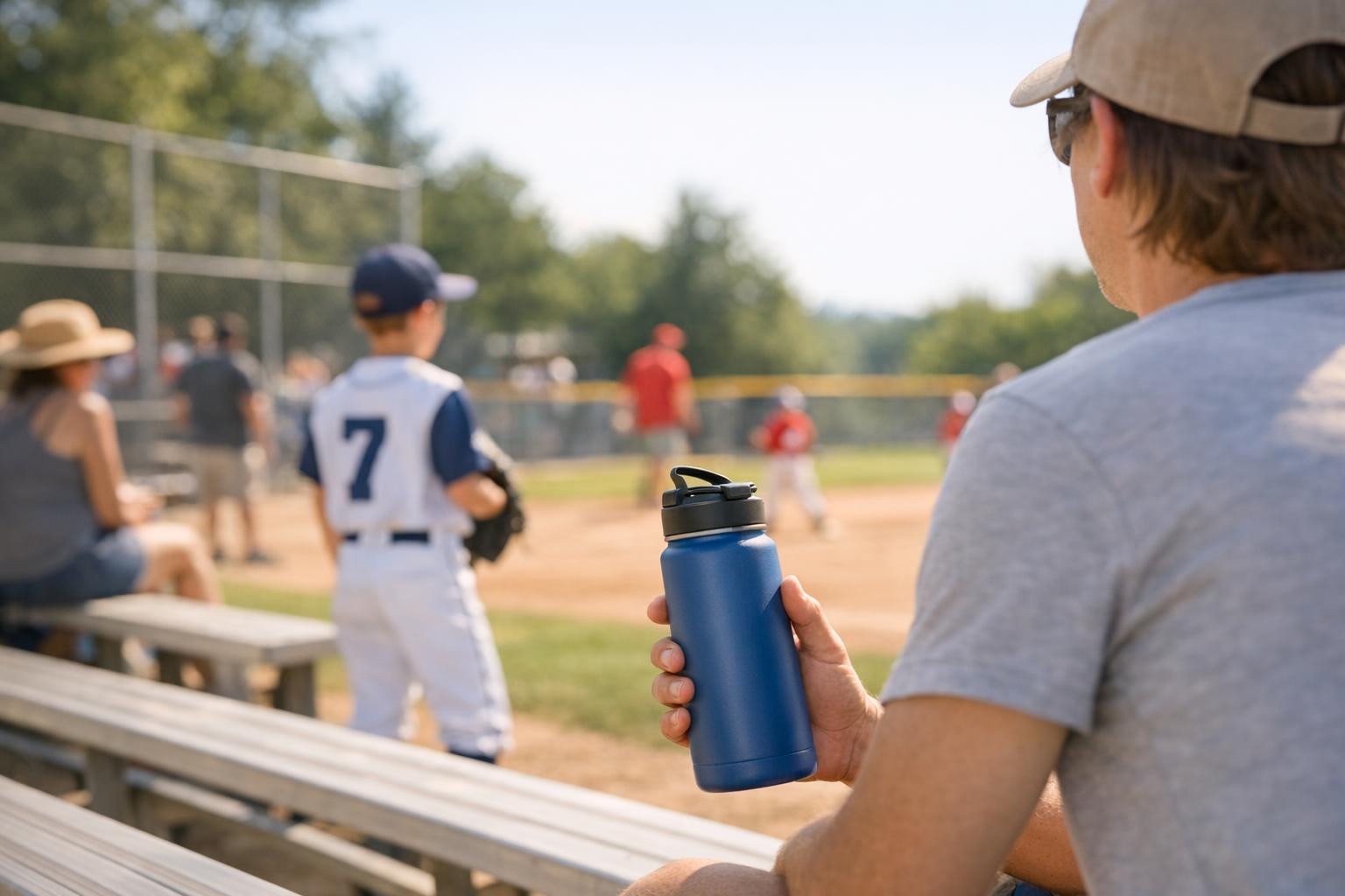 Parent in the bleachers at a youth baseball tournament holding a reusable water bottle while watching a child in uniform
