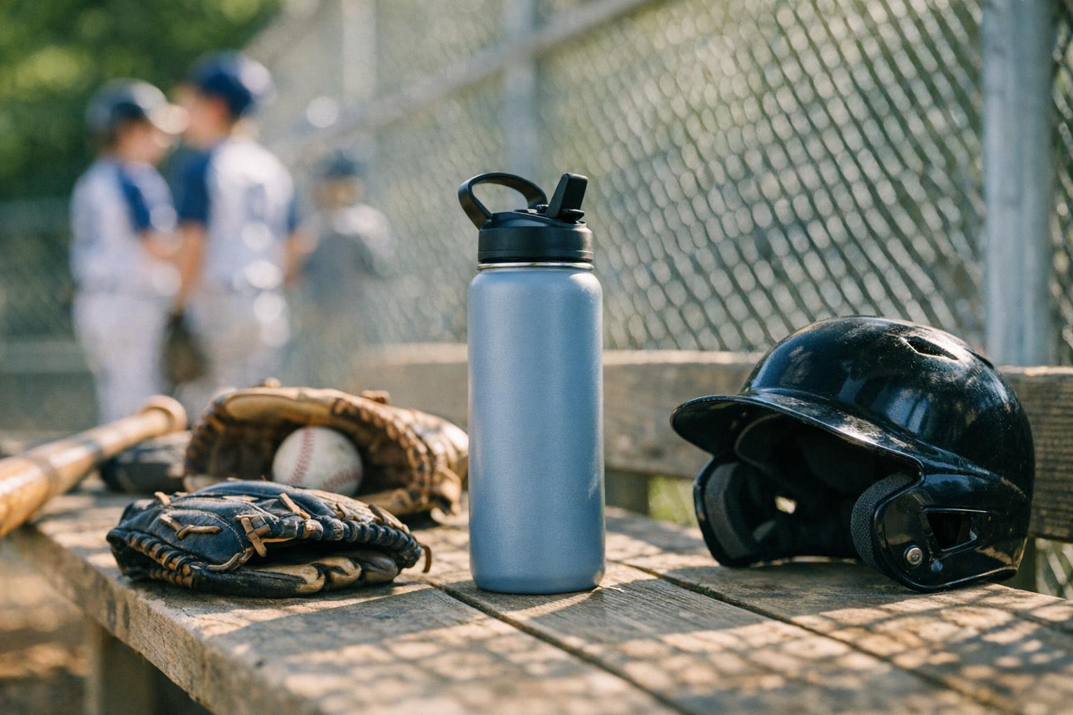 Reusable water bottle, baseball gloves, and helmet on a dugout bench at a youth baseball tournament